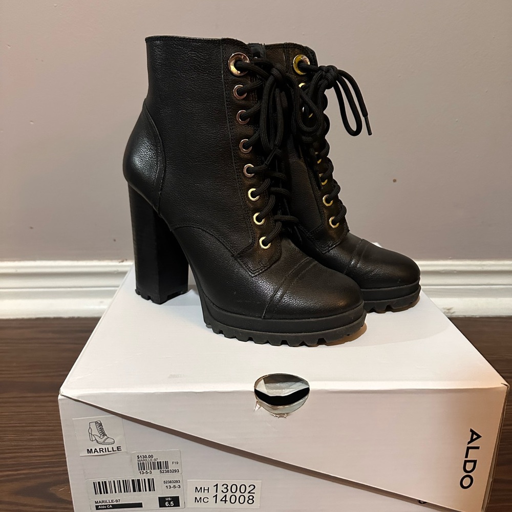 Aldo Black Chunky Heel Lace-Up Boots